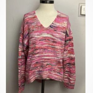 12-23 Lou & Grey for Loft Pink Spacedye V-Neck Wool Blend Sweater Large NWT